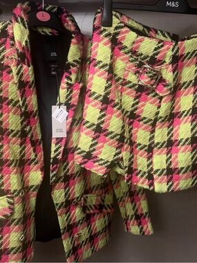 River Island Neon Pink & Lime Check Tweed Suit Jacket